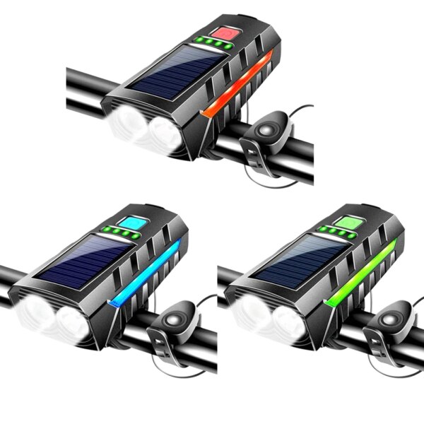 Luz LED de energía Solar para bicicleta, lámpara frontal recargable por USB para bicicleta de montaña y carretera, linterna de Luz De Carretera de 2400mAh, accesorios para bicicleta