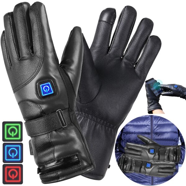 Guantes de invierno eléctricos recargables, 3 niveles de temperatura, guantes térmicos impermeables con pantalla táctil para ciclismo al aire libre, esquí y senderismo