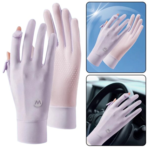 Guantes de protección solar UV para mujer, guantes transpirables con pantalla táctil, bloqueador solar, antideslizantes, de seda helada, para ciclismo y conducción