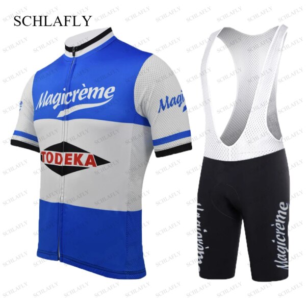 1972 Magicreme equipo belga ciclismo jersey verano azul manga corta jersey + pantalones con pechera ropa de ciclismo ropa de ciclismo schlafly