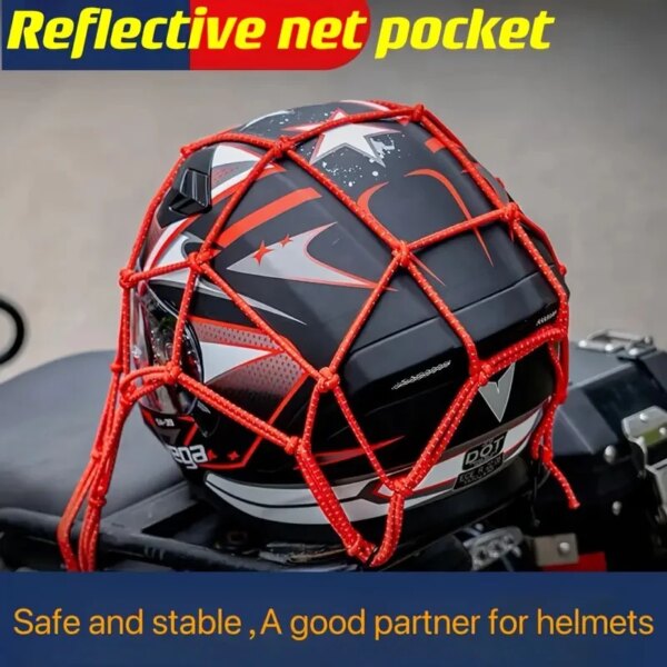 1 unidad de red reflectante para casco de motocicleta, red elástica de almacenamiento, bolsillo de red para tanque de combustible, bolsillo para casco de equipaje fijo para vehículo eléctrico