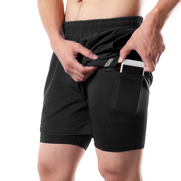 Pantalones cortos para correr 2 en 1 para hombre con bolsillos con presilla para toalla, pantalones cortos de ejercicio de secado rápido para entrenar en el gimnasio