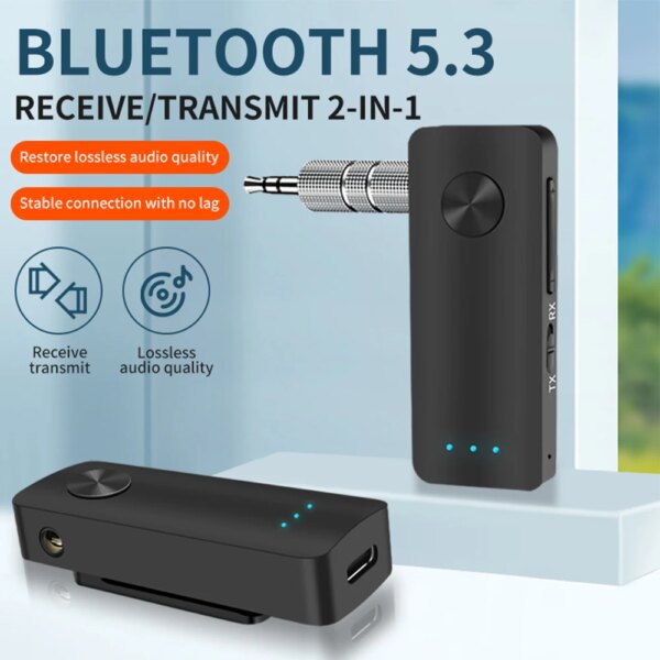 Adaptador Bluetooth 2 en 1 para coche, transmisor receptor Bluetooth 5,3, conector inalámbrico de 3,5mm, adaptador de Audio y música para altavoz y auriculares