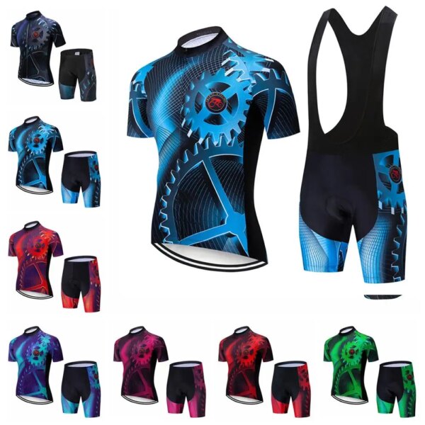 2020 conjuntos de camisetas de Ciclismo para hombre, camiseta y pantalones cortos con pechera, traje, ropa de montaña, camisa, Maillot, Ciclismo, carretera de montaña, parte superior inferior, azul y rojo