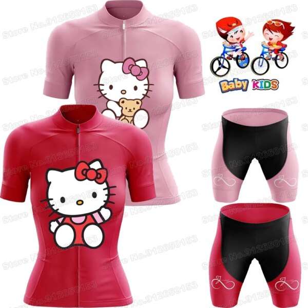 Conjunto de Jersey de ciclismo para niñas y gatos, ropa de ciclismo para niños con dibujos animados de Anime y cómics, color rosa y rojo, traje de camisa para bicicleta de carretera, 2022