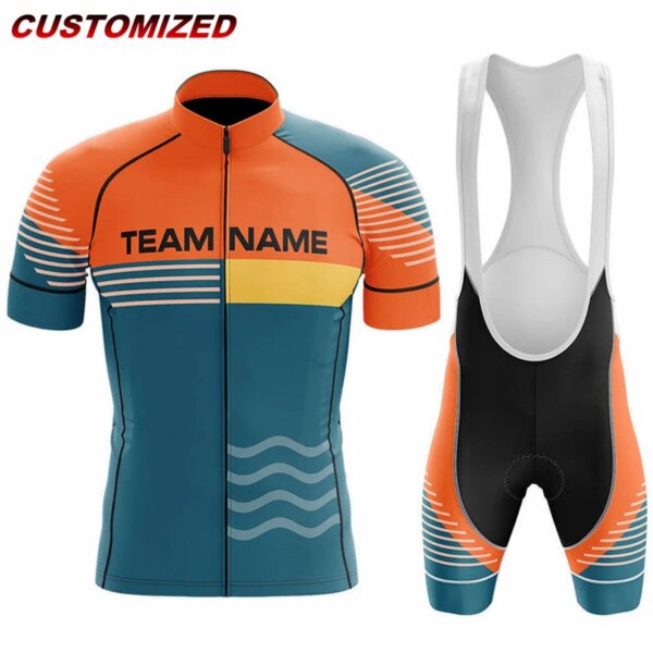 Conjunto de Jersey de ciclismo de manga corta con nombre de equipo personalizado, ropa de bicicleta para hombre, uniforme de bicicleta de carreras de montaña, pantalones cortos con pechera, verano 2023