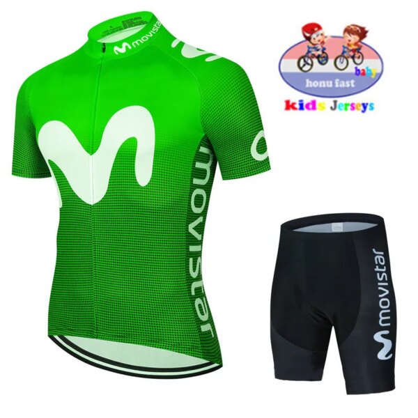 2023 verde fluorescente niños Movistar equipo transpirable ciclismo Jersey niños ciclismo ropa niños bicicleta de montaña Jersey conjunto