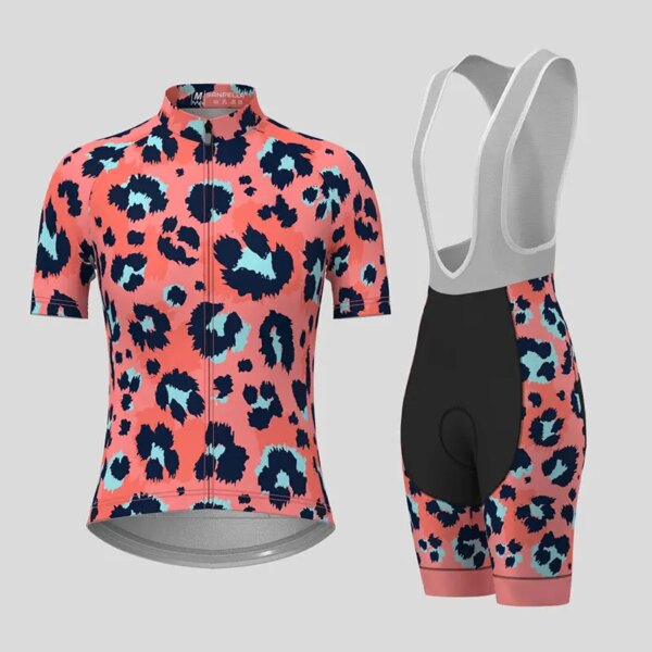 Ropa de ciclismo con estampado de leopardo rosa para mujer, Conjunto de Jersey de ciclismo de manga corta, transpirable, de secado rápido, 2023