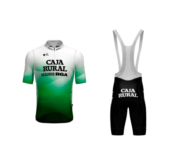 2024 Caja Rural - Seguros RGA Team GREEN Jersey de Ciclismo para hombre Ropa de bicicleta de manga corta con pantalones cortos con pechera Ropa Ciclismo