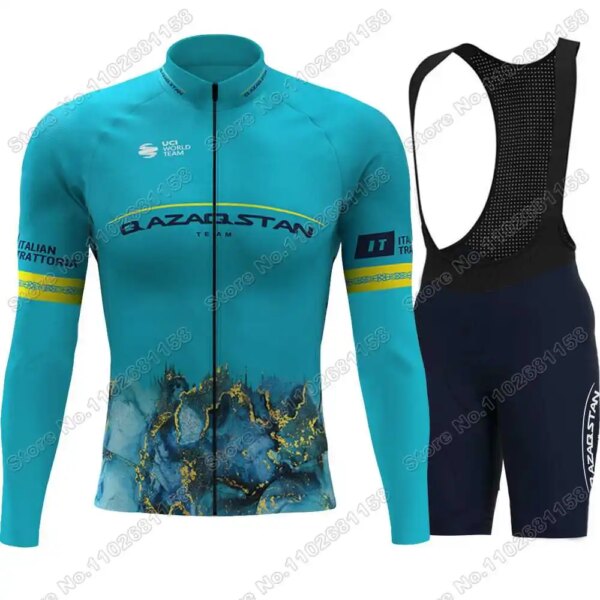 Conjunto de Jersey de ciclismo del equipo Qazaqstan para hombre, ropa de ciclismo, Kit de manga larga de verano, camiseta para bicicleta de carretera, pantalones cortos con pechera, 2024