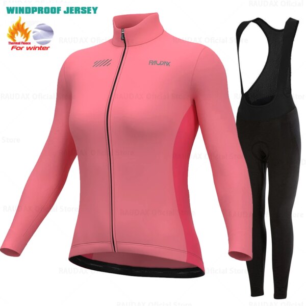 Raudax-Conjuntos de Jersey de manga larga para mujer, Ropa de Ciclismo de invierno, conducción al aire libre, MTB, chaquetas de pana, color rosa, 2024