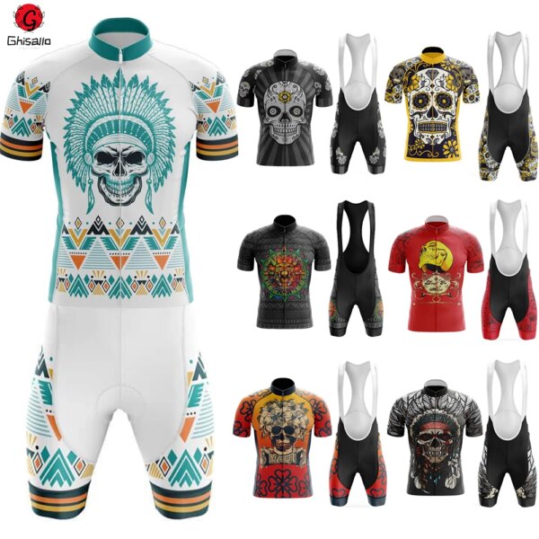 Conjunto de Jersey de ciclismo con calavera para hombre, traje Retro para bicicleta, pantalones cortos con pechera de manga de verano, ropa Por equipo, 21 nuevos estilos