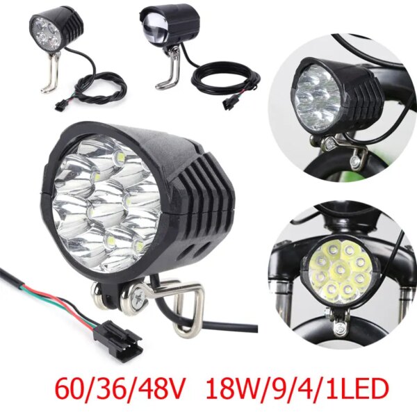 Luz de bicicleta eléctrica con bocina, 36/48/60V, 18W, 9/4LED, luz delantera LED para patinete eléctrico, lámpara de advertencia de seguridad impermeable para bicicleta eléctrica