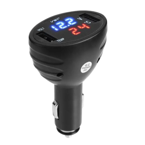 Voltímetro Digital para coche 3 en 1, 12V/24V, cargador de coche USB Dual automático, medidor de voltímetro de temperatura