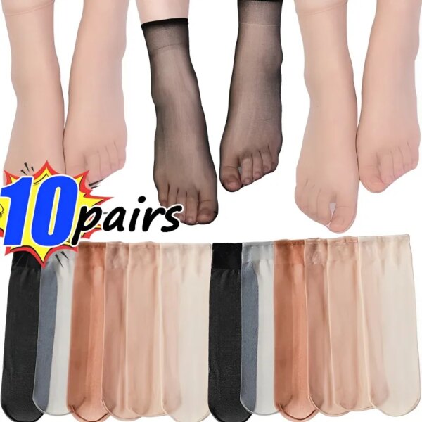 5/10 pares de calcetines de seda de cristal finos transparentes de Color de piel de verano para mujer calcetines cortos de seda hasta el tobillo de verano para mujer