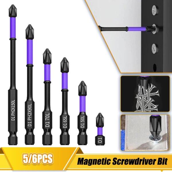 Juego de puntas de destornillador Ph2, cabezal de lote de impacto antideslizante, cruz magnética fuerte, tornillo eléctrico de alta dureza, resistente al agua, 5/6 Uds.