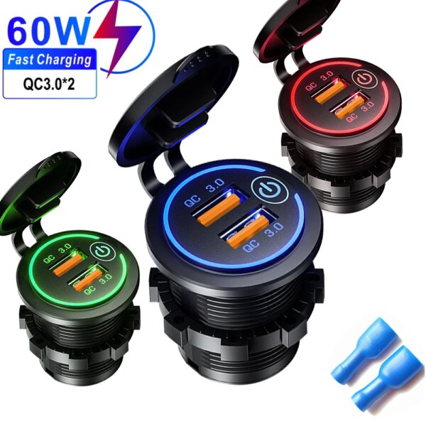 Cargador rápido de teléfono de 60W QC3.0, toma de corriente USB Dual con interruptor, resistente al agua, 12V-24V, para coche, motocicleta y barco
