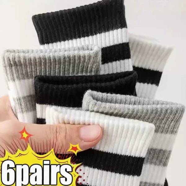 6 pares de calcetines blancos y negros a rayas lisas para mujer, calcetines de tubo medio a rayas para monopatín de calle Hip Hop, calcetines deportivos transpirables para ciclismo