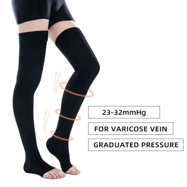 Un par de calcetines médicos de compresión hasta el muslo, elásticos, antideslizantes, con punta abierta, linfedema, venas varicosas, curación rápida, 23-32mmHg