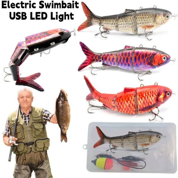 Señuelo de pesca eléctrico robótico de natación automática, cebo multiarticulado, Swimbait automático, luz LED USB, Wobbler para Lucio, Crankbait, pesca