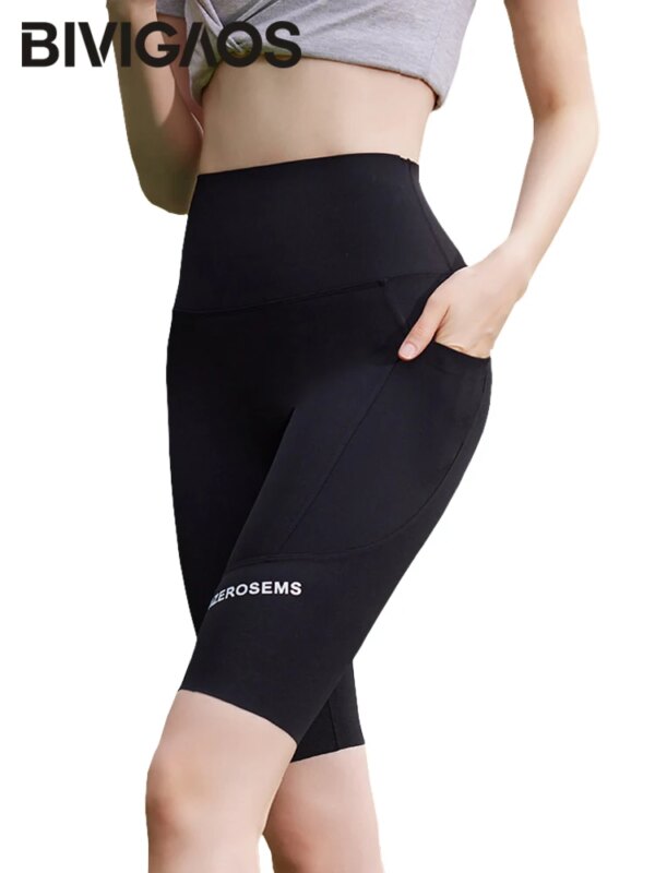 BIVIGAOS, pantalones cortos de verano con bolsillo lateral de tiburón para motorista, pantalones cortos deportivos con letras para mujer, pantalones cortos para ciclismo, Yoga, correr, Fitness, pantalones cortos para bicicleta, mallas