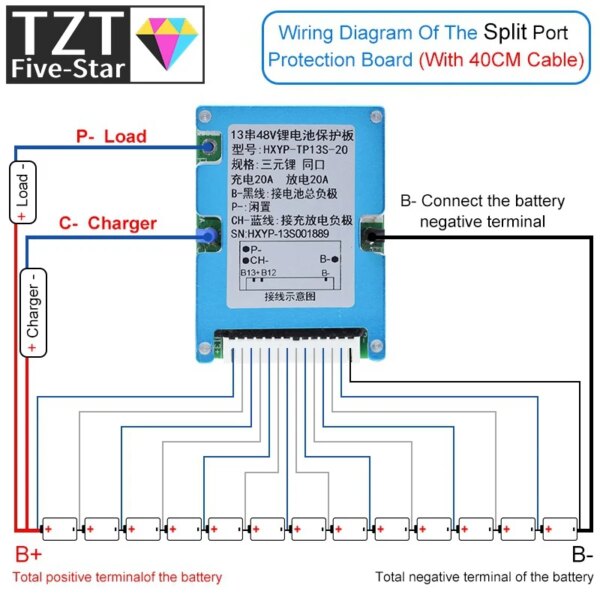 BMS 13S 48V 20A Lmo Ternary Li-ion Lithium 18650 Placa de protección de carga de batería con disipador de calor puerto común 2 en 1