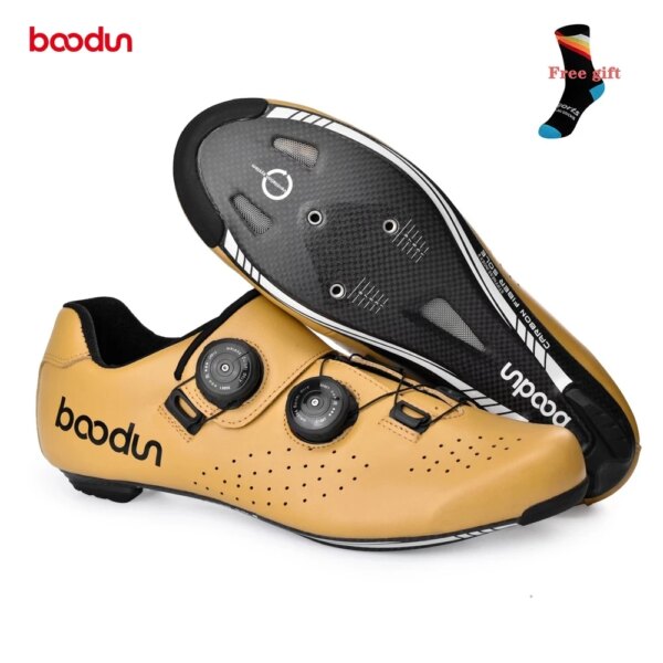 BOODUN nuevos zapatos de ciclismo de carretera de cuero genuino para hombres y mujeres, suela de carbono para bicicleta de carretera, zapatos de carreras de bicicleta amarillos ultraligeros y transpirables