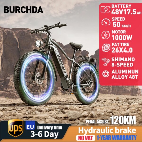 BURCHDARX50 - Bicicleta eléctrica con suspensión total para hombre, 55 KM/H, 26 pulgadas, E-Mount Bike de 1000 W, batería 48 V 17,5 Ah, 8 velocidades, adulto