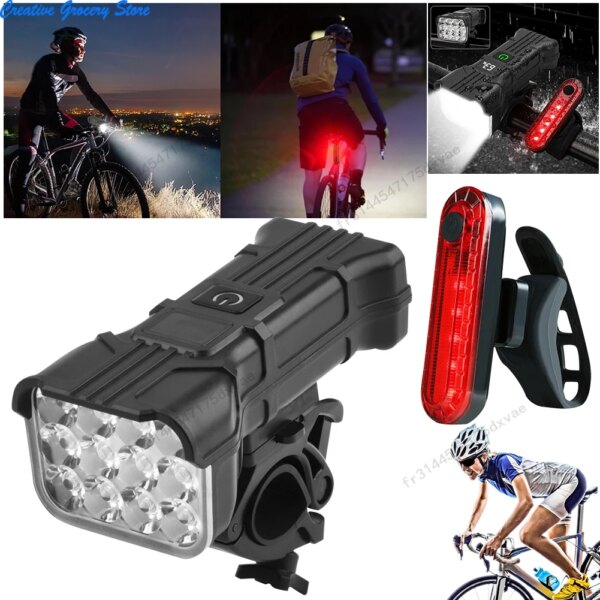 Luces delanteras y traseras para bicicleta, luces delanteras para bicicleta, 12 cuentas, luz trasera para bicicleta, rotación de 360 ​​grados, IP65, accesorios impermeables para bicicleta