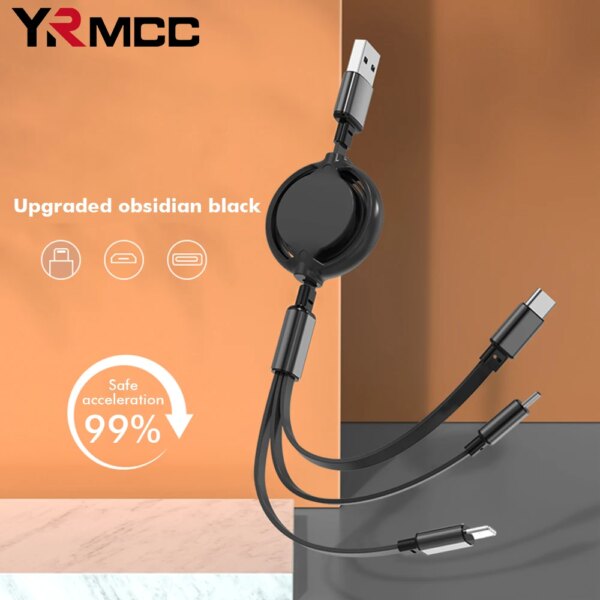 Cable de carga negro Datos retráctiles Cargador USB 3 en 1 Cables de carga de cable rápido para uso en automóviles Cable cargador tipo C para teléfono Android