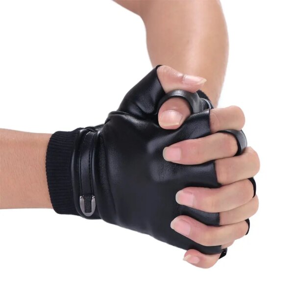 Guantes sin dedos de cuero PU negros, guantes de medio dedo para hombre de alta calidad, guantes de cuero geniales con Motor de conducción gruesos y cálidos sólidos