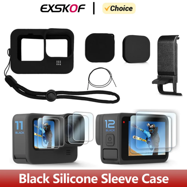 Funda de silicona negra, cubierta lateral de batería, protectores de pantalla, tapas de lente para GoPro Hero 12 11 10 9, accesorios de Cámara de Acción