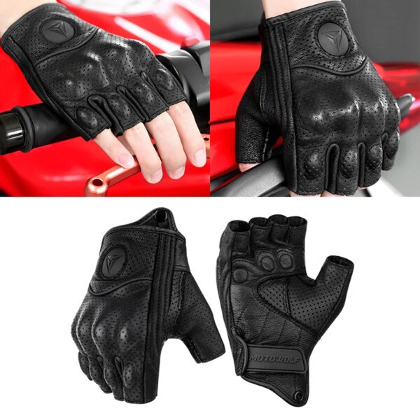 Guantes transpirables para motocicleta, equipo protector para Motocross de invierno y verano, guantes para pantalla táctil, guantes de cuero Real para montar a medio dedo