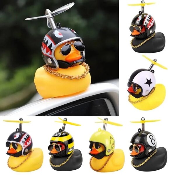 Pato amarillo pequeño para coche, collar con anillo, gafas de sol, decoración para casco de viento roto, accesorios para coche, pato rompevientos