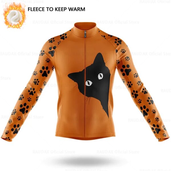 Jersey de Ciclismo de invierno con gato de dibujos animados para hombre, sudadera térmica de lana de manga larga para carreras, Ropa de Ciclismo MTB, chaqueta de Ciclismo