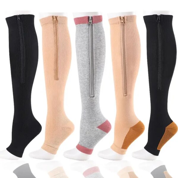 Calcetines de compresión con cremallera para hombre y mujer, medias a la moda para aliviar el dolor hasta la rodilla, con cremallera, soporte para piernas, calcetines con punta abierta, Color sólido