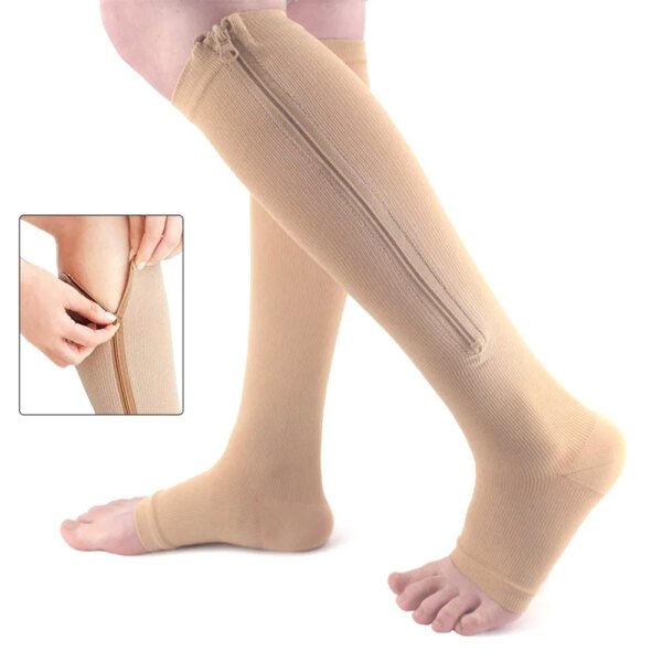 Medias de compresión de cobre para mujer, calcetines largos deportivos a presión para ciclismo, con cremallera, soporte profesional para piernas, calcetines gruesos para venas varicosas