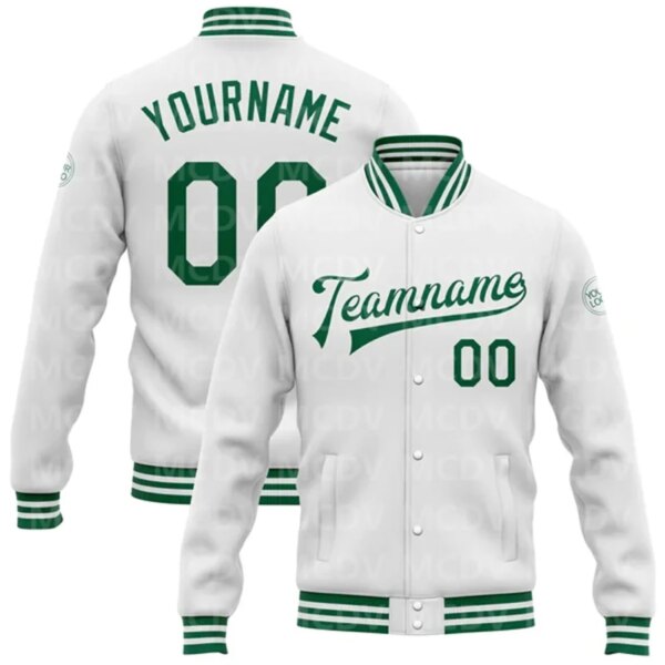 Chaqueta estilo bomber verde Kelly blanca personalizada con botones de béisbol