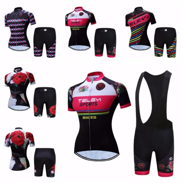 Conjunto de Ciclismo 2019 para mujer, Jersey y pantalones cortos con pechera, trajes de verano para bicicleta de carretera, Maillot inferior superior para bicicleta de montaña, Ropa de Ciclismo para mujer