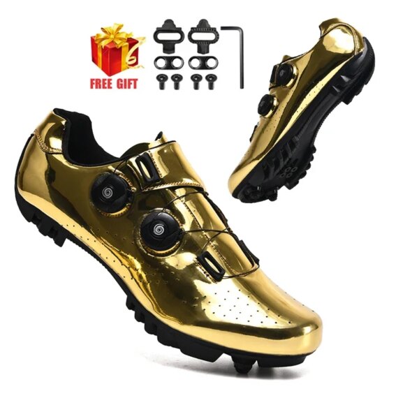 Zapatillas de ciclismo MTB para hombre, calzado para carretera, moto de cross, carreras, mujer, bicicleta de montaña, zapatos planos de velocidad Spd, tacos personalizados dorados