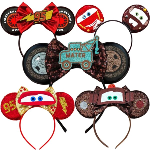 Accesorios para el cabello de Disney Pixar Cars, diademas con orejas de Rayo McQueen y Mickey Mouse para niñas, niños y mujeres, diadema con lazo de lentejuelas, regalos