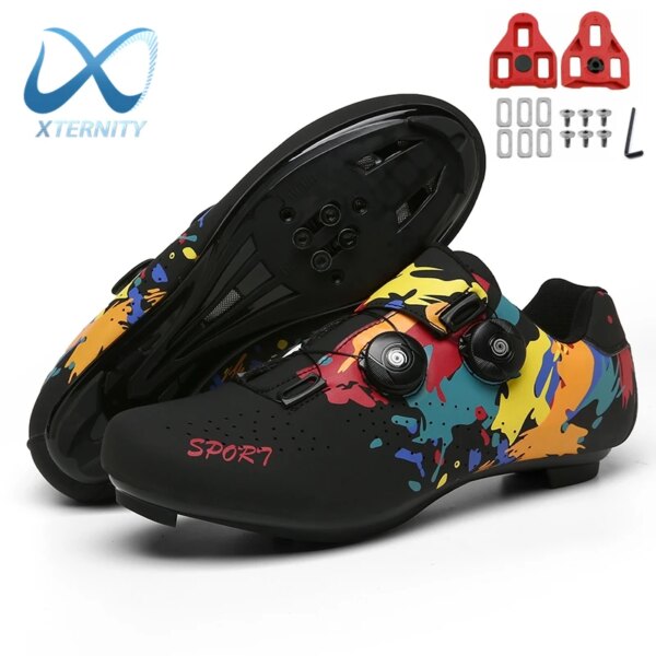 Zapatos de ciclismo con grafiti de doble hebilla para hombre, calzado con tacos para bicicleta de carreras, zapatillas de ciclismo profesionales con autosujeción, zapatos SPD para bicicleta de montaña