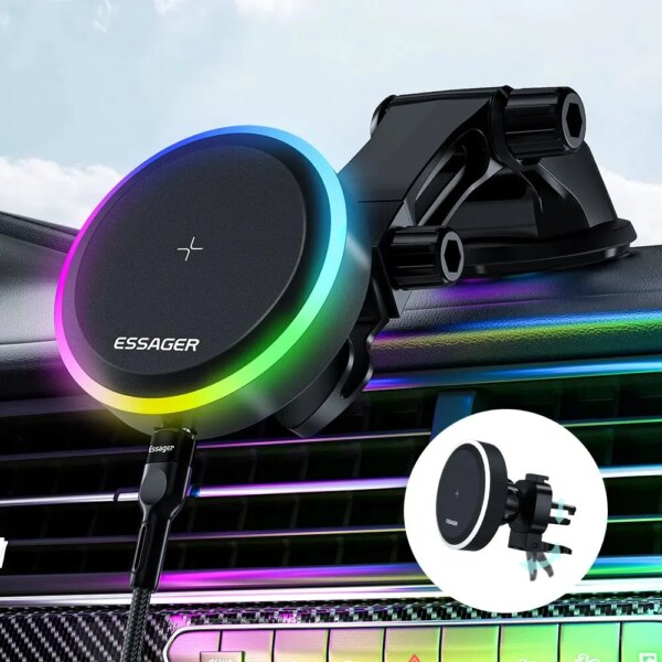 Essager-soporte magnético para teléfono de coche, cargador inalámbrico Qi de 15W RGB para iPhone 14, 13 Pro Max, Samsung