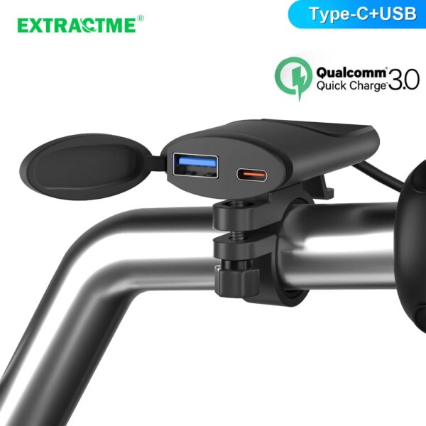 Extractme-cargador USB para motocicleta, cargador QC3.0 tipo C de 30W, soporte de montaje para manillar impermeable IP67, cargador de teléfono para motocicleta