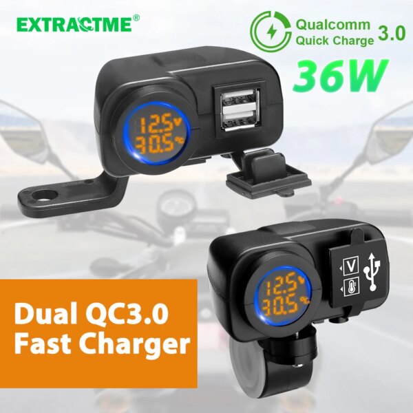 Extractme QC3.0 cargador USB Dual para motocicleta, voltímetro de carga rápida, termómetro, pantalla Digital, cargador de teléfono móvil de 36W