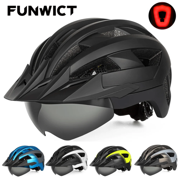 FUNWICT Casco de bicicleta para hombres, mujeres, adultos, MTB, montaña, carretera, cascos de bicicleta con visera, luz trasera, casco de seguridad en ciclismo