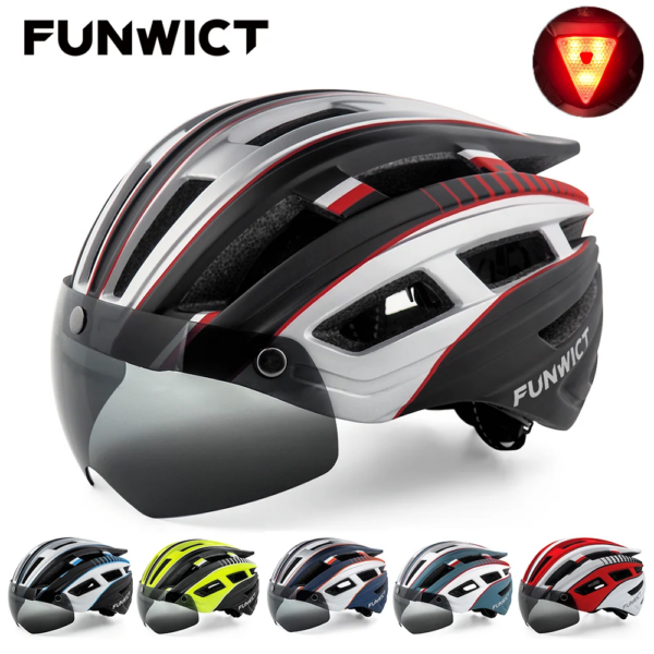 FUNWICT casco de bicicleta para hombres y mujeres gafas magnéticas lente visera LED luz trasera seguridad en ciclismo MTB Road Scooter casco de bicicleta