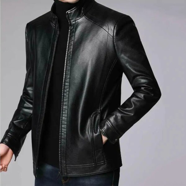 Chaqueta de cuero sintético Chaqueta de motocicleta de cuero sintético elegante para hombre con cuello alto Cremallera Protección del cuello A prueba de viento para frescor