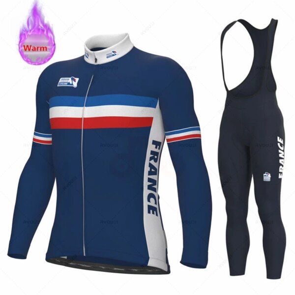 Conjunto de Ropa térmica de lana para ciclismo de invierno de Francia, Jersey para hombre, traje deportivo para montar en bicicleta, pantalones con pechera, conjuntos cálidos, Ropa para bicicleta