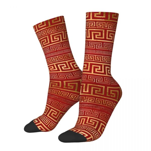 Calcetines de invierno Unisex con adorno de llave griega dorada y roja, calcetines felices para ciclismo, calcetín loco estilo callejero